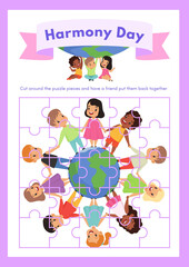 Harmony Day Puzzle: Children around the globe celebrate unity by holding hands together, forming a circle. Embracing diversity and building bridges of understanding. 
