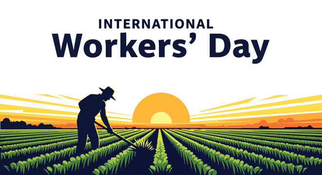 Flat style illustration of farmer working in crop field with sunrise sky, highlighting International Workers Day and Labor Day appreciation for agriculture and food production workers