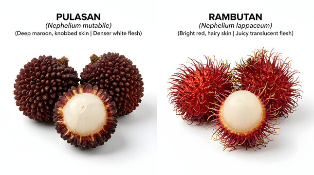 A comparison of pulasan and rambutan fruits on a white background