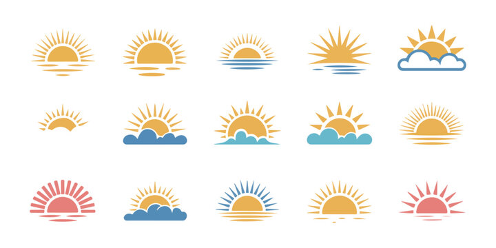 Collection of sunset and sunrise icons with clouds and water on transparent background.