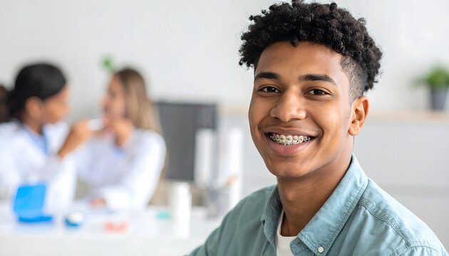 Young man smiling with dental braces at orthodontic clinic, healthy smile and oral care concept