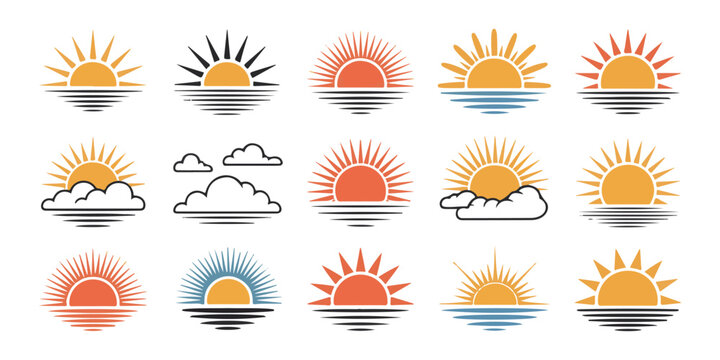 Set of colorful retro sunset icons with sun over ocean waves and clouds isolated on transparent backgrounds.