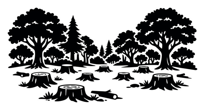 Forest showing numerous tree stumps and fallen logs in a clear-cut area, highlighting the concept of deforestation and logging