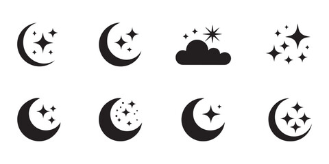 Night sky icons set featuring crescent moon shapes with shining stars and clouds for weather forecast designs. © Sumon