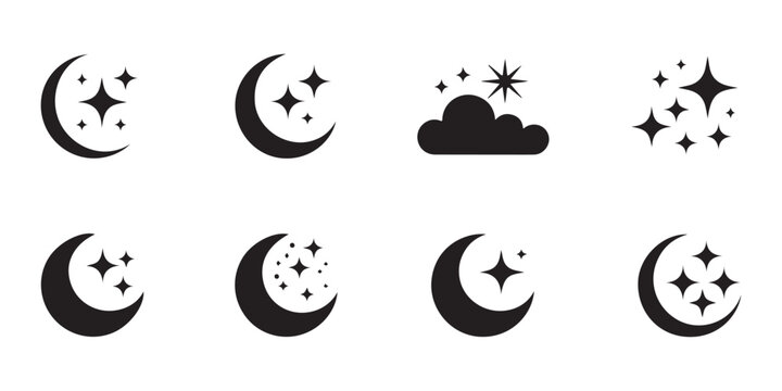 Night sky icons set featuring crescent moon shapes with shining stars and clouds for weather forecast designs.