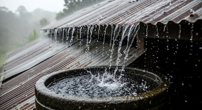 Heavy rain water flowing from a rustic corrugated metal roof into a stone basin during a monsoon storm in the countryside