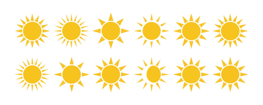 Collection of ten yellow sun icons with eight pointed rays on transparent background.
