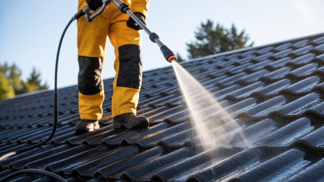 Professional worker pressure washing a black tiled roof with high pressure water sprayer