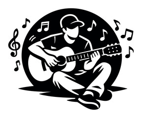 Fototapeta premium Musician strumming an acoustic guitar, surrounded by musical notes that symbolize artistic expression, innovation, and enjoyment