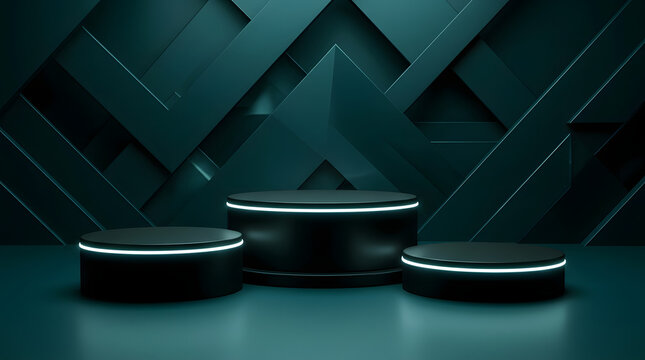 Elegant Display Podium: A trio of sleek, modern display podiums stand in the spotlight against a captivating backdrop of layered, geometric design.