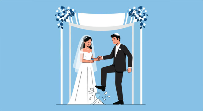 Jewish wedding couple under floral chuppah as groom breaks a glass with his foot