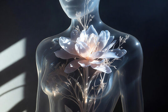 A translucent human figure is adorned with a blooming flower arrangement, suggesting an integration of nature and the body.