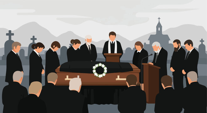 Mourners gather at a funeral ceremony around a coffin in a cemetery illustration