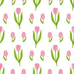 Obraz premium Vector seamless pattern with cute pink tulip flowers on white background. Tulip flowers and small buds print for spring wallpaper, textile, wrapping paper and feminine floral stationery design.