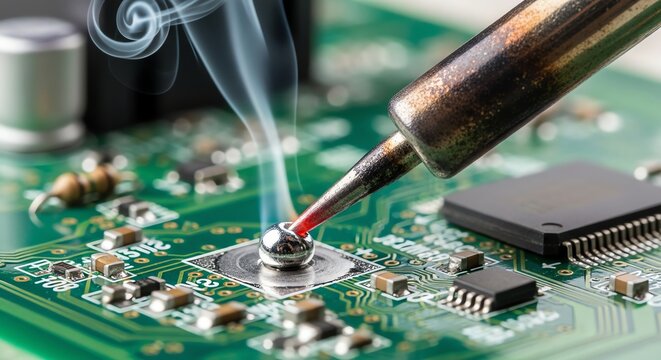 A close-up shot of a hot soldering iron tip melting a silver solder ball onto a green circuit board with rising smoke