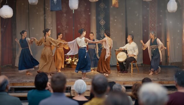 Contemporary dancers performing on stage during live artistic theater presentation with warm dramatic lighting