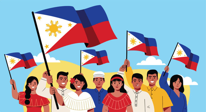Diverse group of Filipinos holding national flags against blue sky in flat style