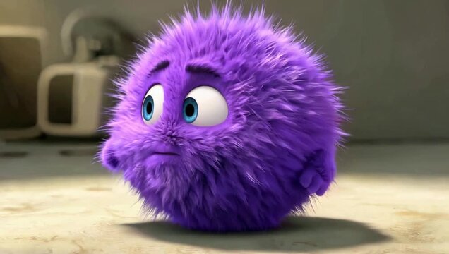 Cute Purple Fluffy Monster Character with Large Blue Eyes 3D Animation