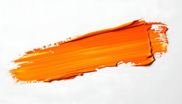 A vibrant orange paint stroke dramatically sweeps across a clean white surface.