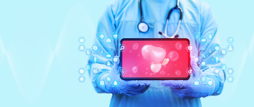 Doctor holding a tablet. Medical AI in men's health, telemedicine, and digital urological diagnosis with early detection of benign prostatic hyperplasia and clinical follow-up. Isolated.