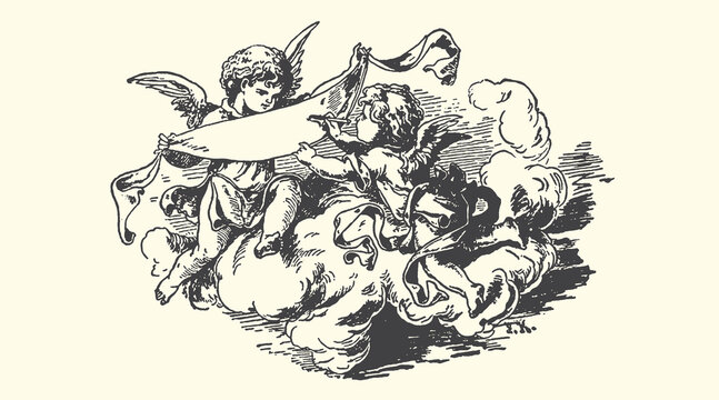 Cherub illustration holding a blank banner on clouds vintage vector graphic design element for invitations and festive holiday print projects