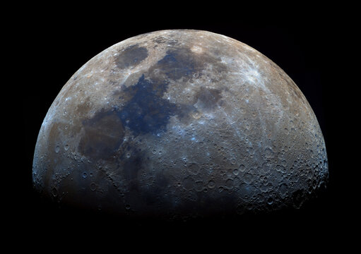 Hight detail Moon shot with increased saturation to highlight the mineral composition of the lunar surface.