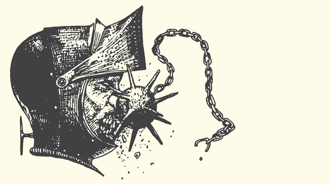 Medieval Knight Helmet Illustration with Broken Chain Flail Graphic Design Vector Art in Vintage Engraved Style for Historical Concepts