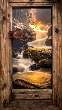 Waterfall seen through rough wood frame, rocks and trees surrounding a streaming cascade