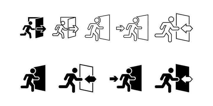 Set of black and white exit signs, depicting person running through doorway with arrow, some filled, some outline.