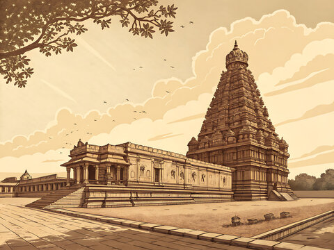 Brihadeeswarar Temple in sepia heritage vector poster, classic archival palette, clean monument focus