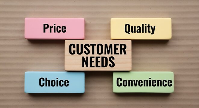 Customer needs business concept on wooden blocks, marketing strategy for price and quality, consumer choice and convenience factors