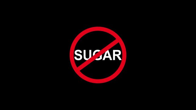 No sugar allowed sign animation, red prohibition symbol for healthy diet and nutrition awareness sugar free