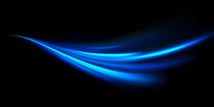 Glowing neon light trail elements. Bright blue speed line waves. Magical glowing curved path concept. Abstract curved dynamic motion lines. Sparkling flowing lines for posters, banners, flyers. Vector