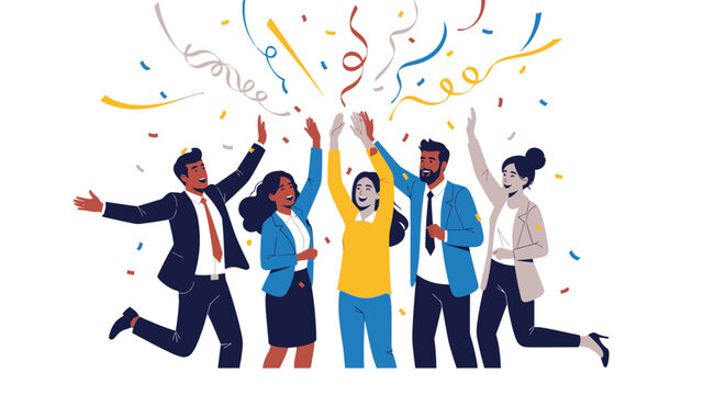 Vector illustration of a happy business team and family group with a jumping boy and dancing woman celebrating holiday joy in a colorful party disco silhouette art style