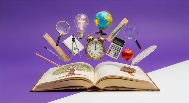 open book with global education and business tools on purple background