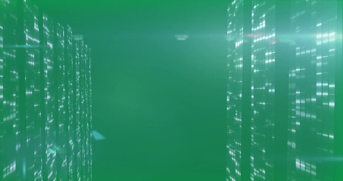 Flare pulse starting towers pulsing, cyan shards drifting inward, showing data flow, transparent bg