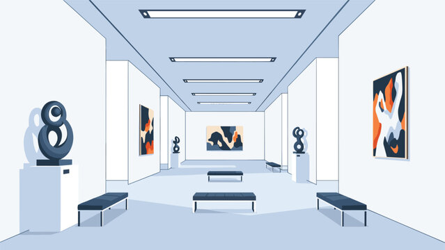 Contemporary art gallery interior showcasing minimalist architecture abstract oil paintings and dark modern sculptures on white pedestals.