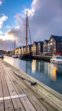 Waterfront scene with historic buildings, sailing ship, wood pier, and colorful sky