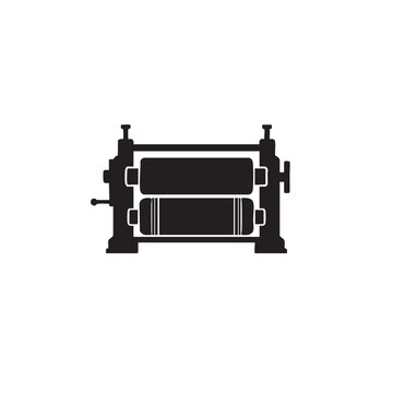 Black silhouette of industrial printing press machine with rollers and lever isolated on white background.