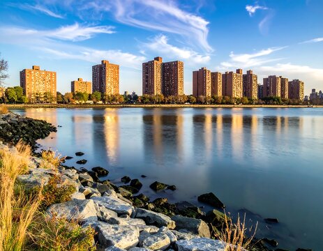 Waterfront skyline view with brown buildings reflecting on water under a blue sky with clouds