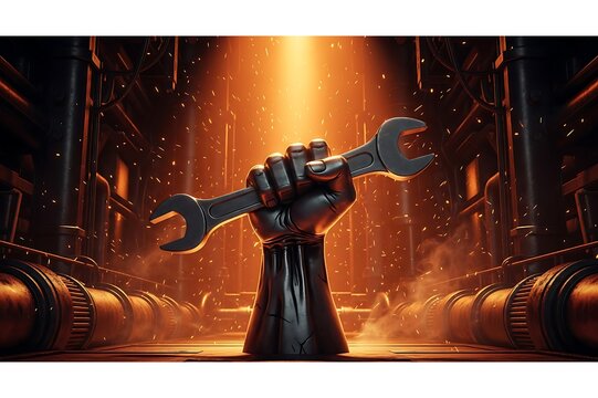Robotic fist holding a wrench in a dark industrial setting with glowing light