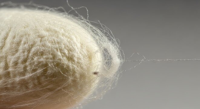Macro view of a white silkworm cocoon with a single delicate silk thread being extracted in soft studio lighting against grey background