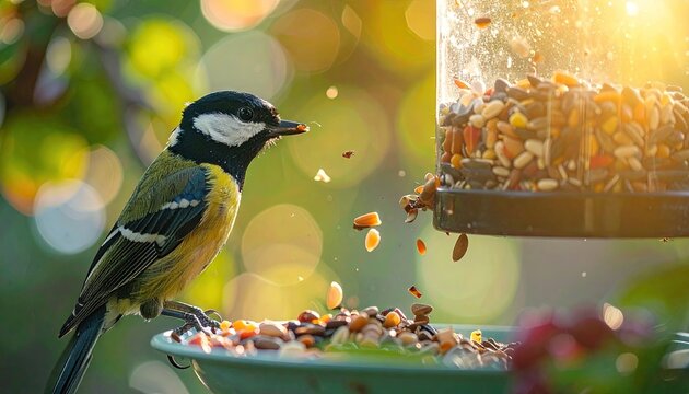 Great Tit Bird Perched on Feeder Eating Seeds in Golden Sunlight With Blurred Greenery Bokeh Background
