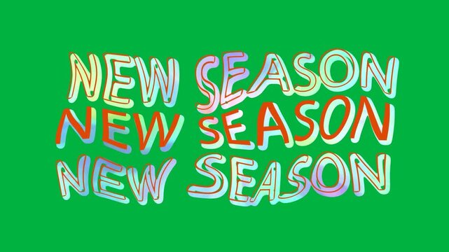 Animation of colorful, moving and glowing new season text on white background