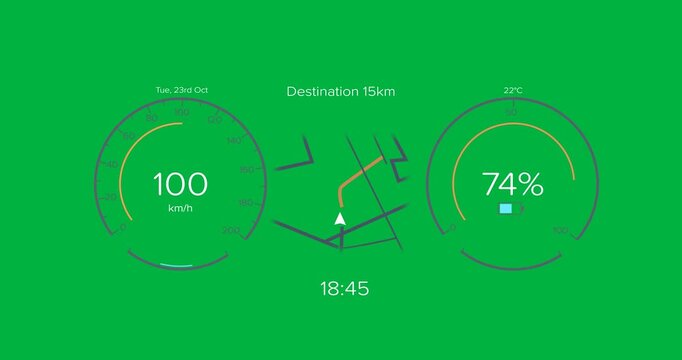 Animation of interface with charging battery icon and speedometer on black background