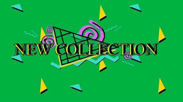 Animation of new collection text in yellow letters and colorful graphics on white background
