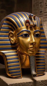 Close up portrait of golden Pharaoh Tutankhamun death mask with blue lapis lazuli accents in soft spotlight on stone pedestal