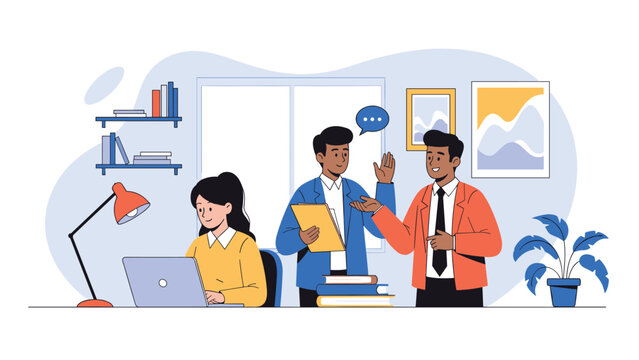 Group of colleagues collaborating in a modern office environment with laptops and bookshelves in the background.