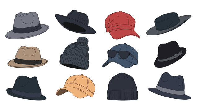 Collection of various hat styles including fedoras, beanies, and baseball caps in different colors like grey, black, and red.