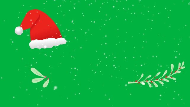 Animation of snow falling and christmas santa hat on black background